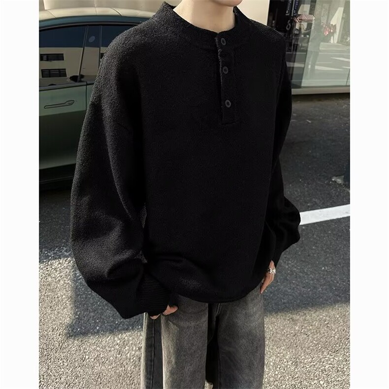 复古亨利领纽扣毛衣男款冬季灰色休闲宽松百搭针织上衣M6527,男装针织衫/毛衣,星座506