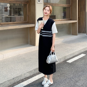 撞色拼接假两件连衣裙女2025年夏季新款宽松休闲小众独特淡人长裙图片