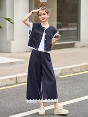牛仔套装女2025夏季新款韩系小香风蕾丝无袖背心九分裤穿搭一整套，女装套装/套裙，贵人树