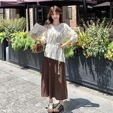 针织镂空钩花罩衫长裙套装女2025春秋季新款显瘦吊带连衣裙两件套，女装连衣裙，维壹