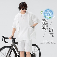 特批P50无差价夏季泡泡格圆领休闲短袖套装大码速干两件套TZ5352，男装休闲套装，电商A001-1