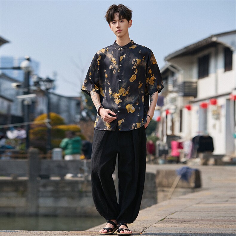 新中式提花风潮T恤短袖上衣立领衬衫时尚百搭T2501-P58,男装T恤,电商A227