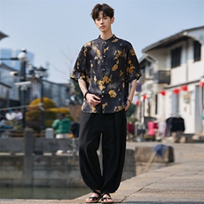 新中式提花风潮T恤短袖上衣立领衬衫时尚百搭T2501-P58，男装T恤，电商A227