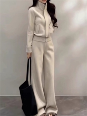 网红时尚气质套装女春季新款休闲运动立领开衫卫衣阔腿卫裤两件套，女装套装/套裙，江南