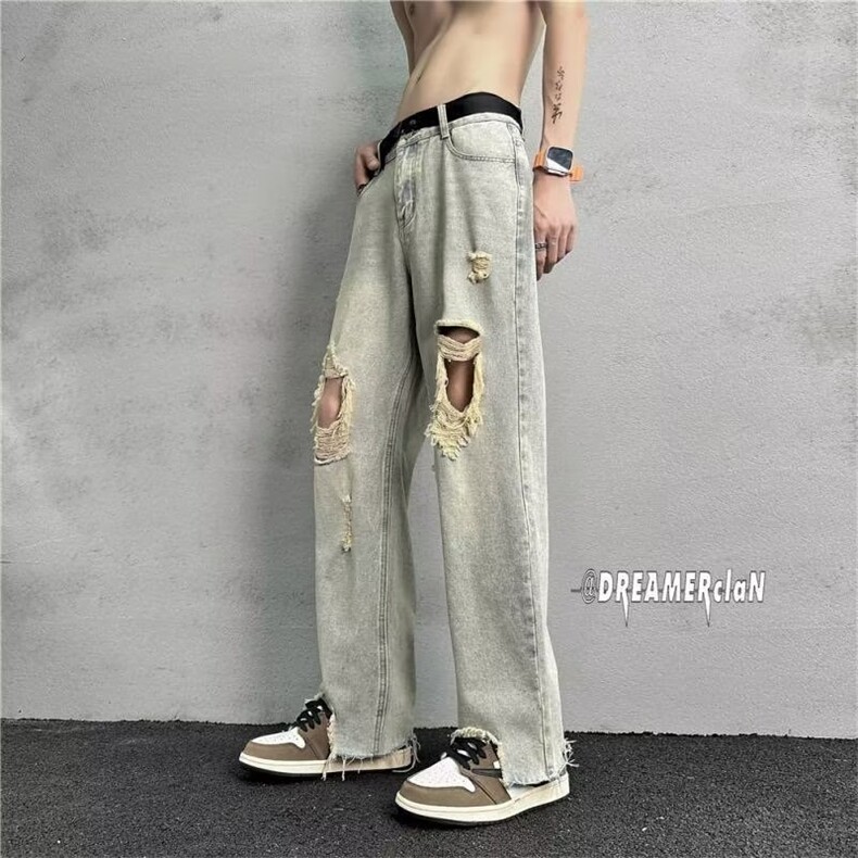 美式复古破洞牛仔裤女夏季2025新款直筒宽松高腰阔腿垂感拖地裤子,男装牛仔裤,星座1210-1