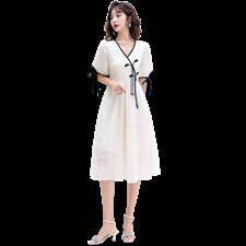 现货.2024年夏季V领时尚气质潮流中长款百搭韩版优雅连衣裙，女装连衣裙，尚洛菲