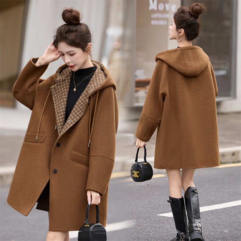 2025年冬季新款连帽双面毛呢格子中长款，女装双面呢大衣，艾尚靓装