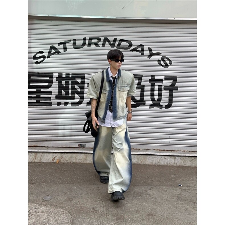小众设计复古洗水手绘涂鸦牛仔短袖外套宽松休闲美式牛仔裤，男装休闲套装，星座1210-1