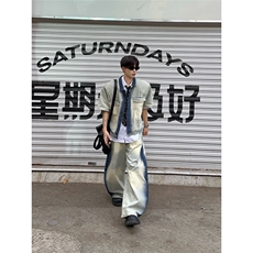 小众设计复古洗水手绘涂鸦牛仔短袖外套宽松休闲美式牛仔裤，男装休闲套装，星座1210-1