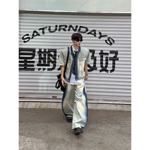 小众设计复古洗水手绘涂鸦牛仔短袖外套宽松休闲美式牛仔裤,男装休闲套装,星座1210-1