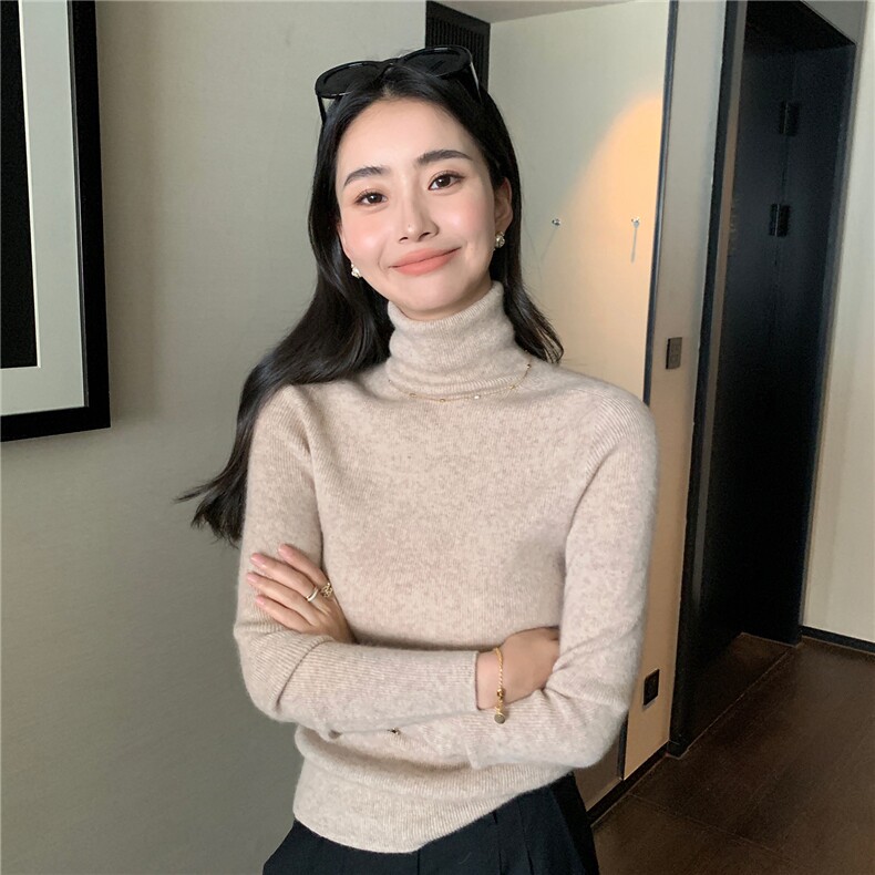 2025秋冬百搭时尚简约堆堆领打底衫紧身修身打底衫,女装羊绒衫,玛卡隆羊绒