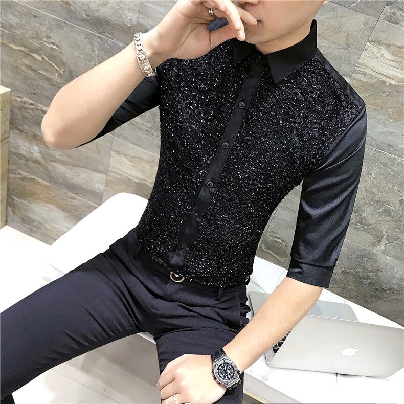 2021春夏新款修身衬衣男韩版潮个性七分袖衬衫发型师工服D440,男装衬衫,星座419（原A233）