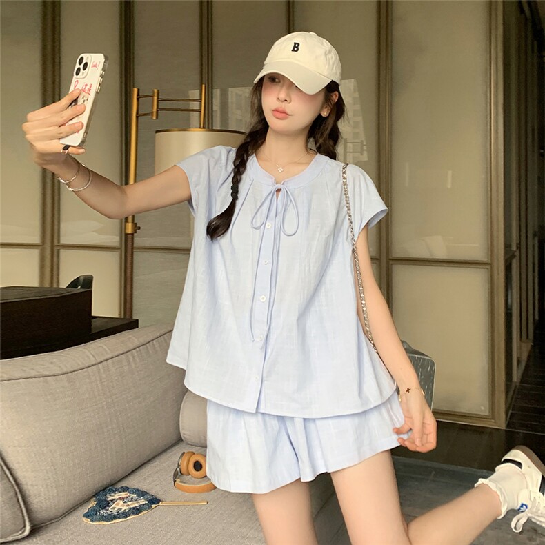休闲运动宽松蓝色衬衫短裤套装女夏2025新款两件套小个子时尚减龄,女装套装/套裙,2C090