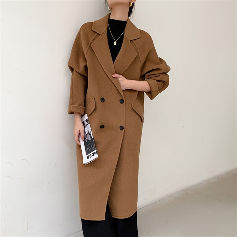双面羊绒大衣女中长款2024新款秋冬双排扣毛呢外套,女装双面呢大衣,鹿展羊绒大衣