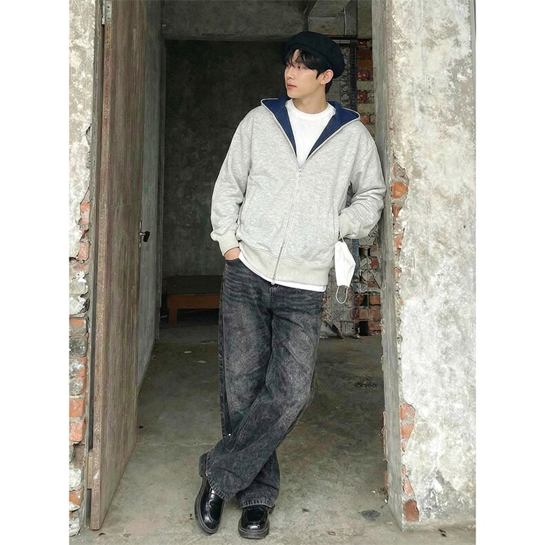 双拉链头重磅420克卫衣撞色连帽开衫美式情侣外套WY5816P52，女装短外套，电商A178