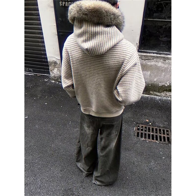 毛领连帽卫衣外套宽松设计感条纹上衣外套1001-1-WT210-P65,女装短外套,星座1001-1