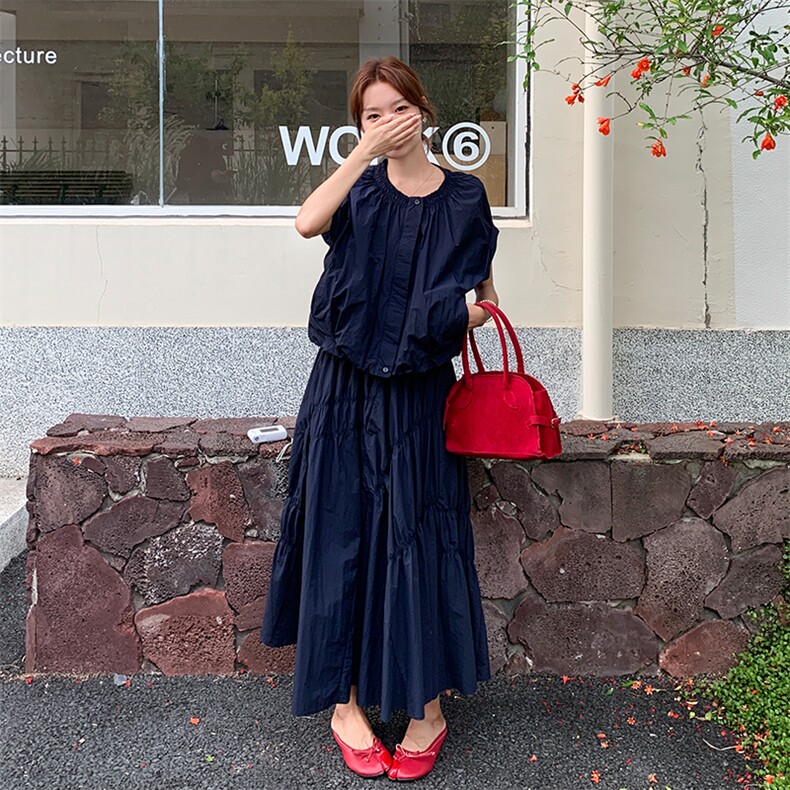 韩系简约休闲百搭圆领短袖衬衫女2025夏季新款高腰显瘦半身裙套装，女装连衣裙，浙宝301