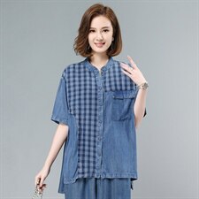 2021夏季新款时尚气质拼接水洗牛仔短袖衬衫，女装衬衫，叶笙衣