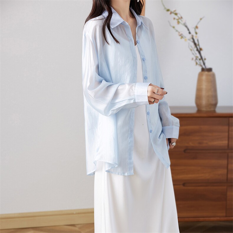 夏季时尚通勤大码长袖防晒衬衣女薄款休闲宽松小披肩外套空调上衣，女装防晒衣，朝贺羊绒