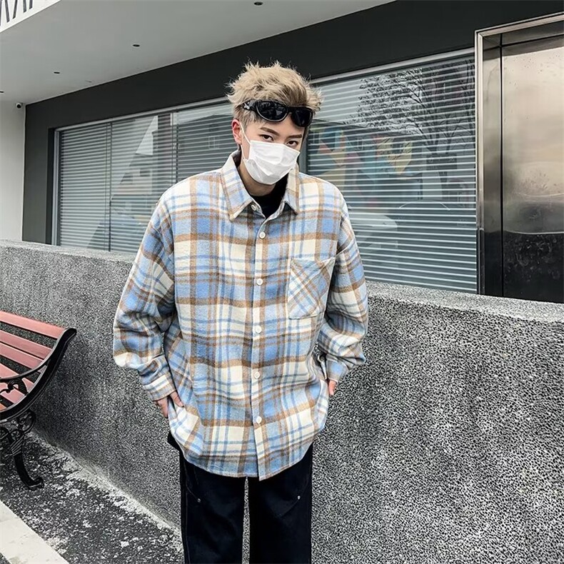 格子衬衫浅色长袖男春秋新款美式复古潮牌潮流痞帅高级感毛呢外套图片