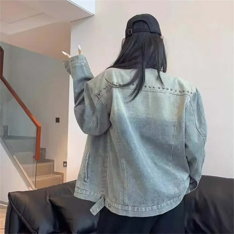 现货高街辣妹美式复古重工铆钉牛仔外套女春秋季宽松bf慵懒风夹克,男装工装外套,星座302B-2