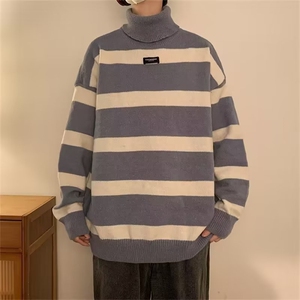 高领加厚鹿毛绒毛衣男冬款潮牌痞帅加厚条纹M5566-P50图片