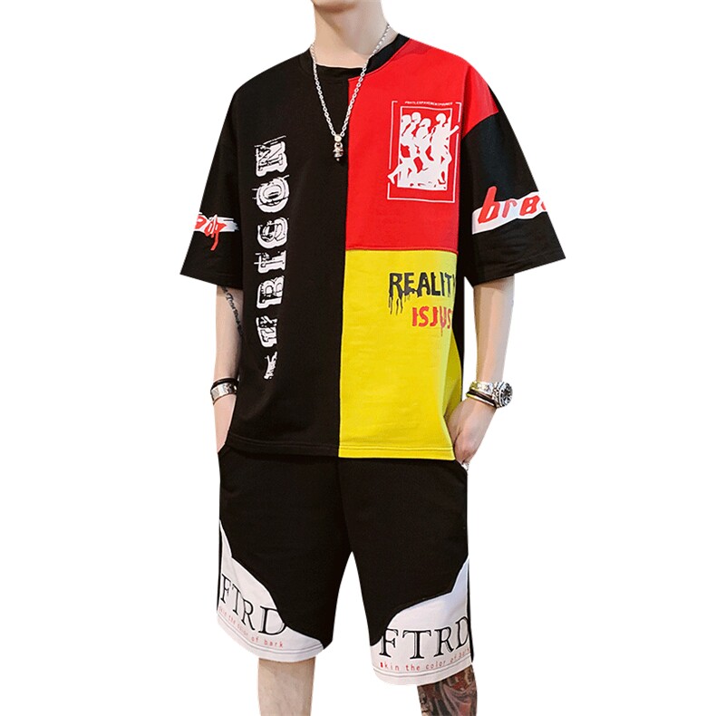 男士短袖t恤休闲套装宽松棉潮流半袖上衣服男夏季男装F155P55,男装休闲套装,电商A086