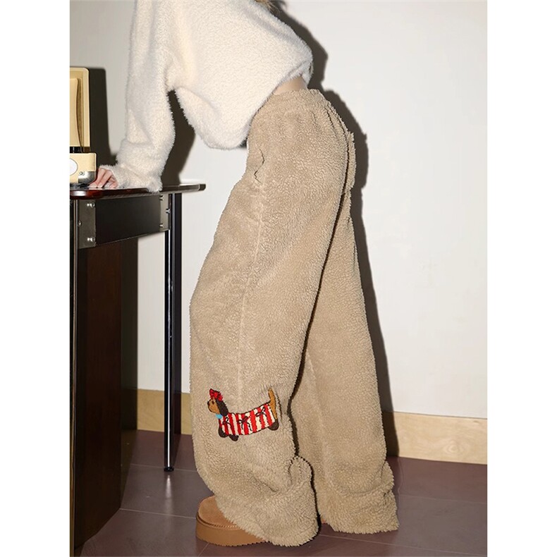 网图腊肠狗刺绣羊羔绒棉裤加绒防寒阔腿休闲裤羊驼绒LK1075-P45，男装棉裤，电商A025