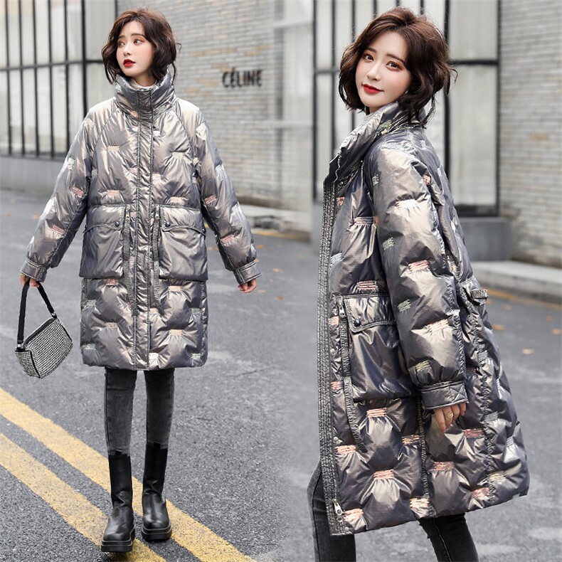 亮皮羽绒服女2020冬季新款韩版时尚亮面炫彩羽绒衣防寒外套中长款,女装羽绒服,素月