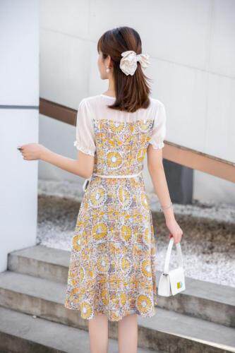 夏季新款韩版花色淑女气质连衣裙，女装连衣裙，水锦红