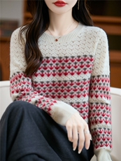 秋冬新款费尔岛羊毛衫女拼色圆领提花外穿毛衣宽松针织加厚打底衫，女装羊毛衫，暖绒情旗舰店