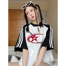 夏季美式高街重磅纯棉三条杠织带插肩撞色男女短袖T恤CZ28-特P25，男装T恤，电商A486