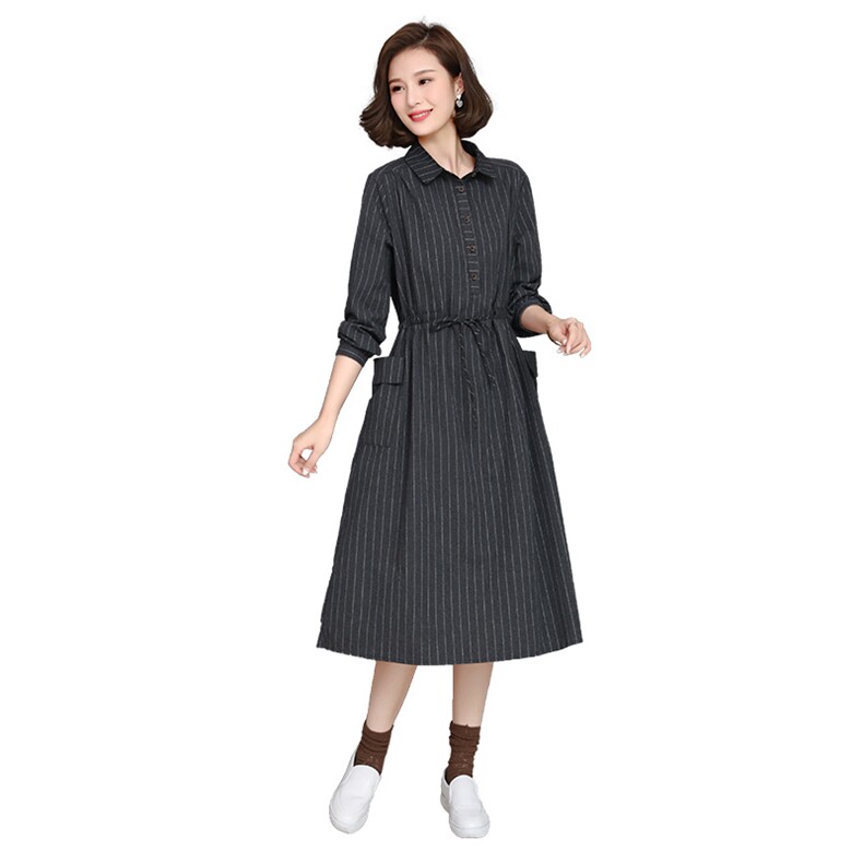 【全年有货，不下架】秋冬加厚连衣裙女长袖条纹棉麻裙中长款,女装连衣裙,3200格调