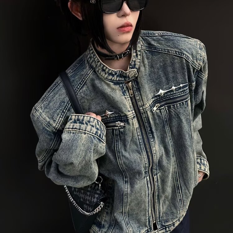 美式复古做旧水洗垫肩短款拼接牛仔外套潮牌金属设计感夹克男女,男装工装外套,星座1210-1