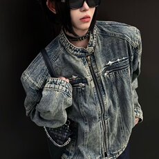 美式复古做旧水洗垫肩短款拼接牛仔外套潮牌金属设计感夹克男女，男装工装外套，星座1210-1