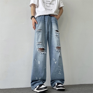 潮流牛仔裤夏季时尚水洗破洞牛仔裤高街潮设计感XZ212-QNK508-P48图片