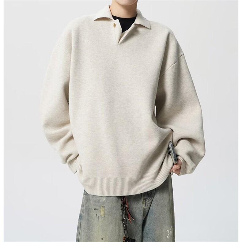重磅秋冬北极绒亨利领毛衣开衫美式复古休闲慵懒风纯色翻领针织衫，男装针织衫/毛衣，电商A486-1