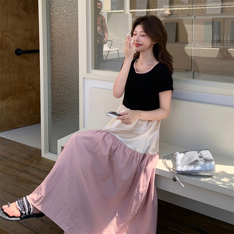 少女风韩系木耳边拼接连衣裙女夏2025新款多巴胺穿搭独特漂亮长裙,女装连衣裙,2C123
