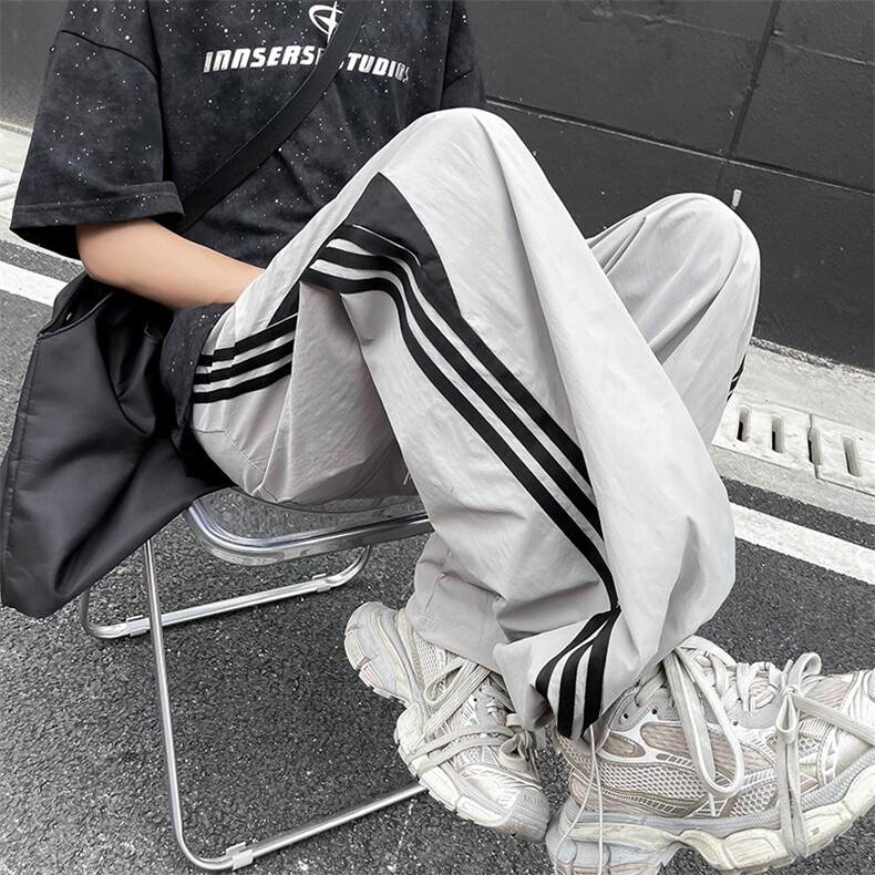 高品质夏款男速干裤三条杠条纹冰丝拼色束脚宽松冲锋裤h2830P40,男装休闲裤,星座1013-1