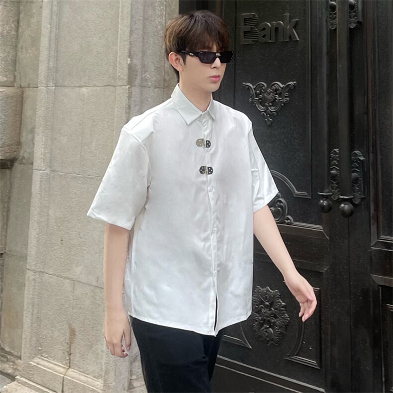 (自家图）小众金属扣垫肩设计T恤短袖白衬衫男女开衫2304-P45,男装T恤,星座910-5
