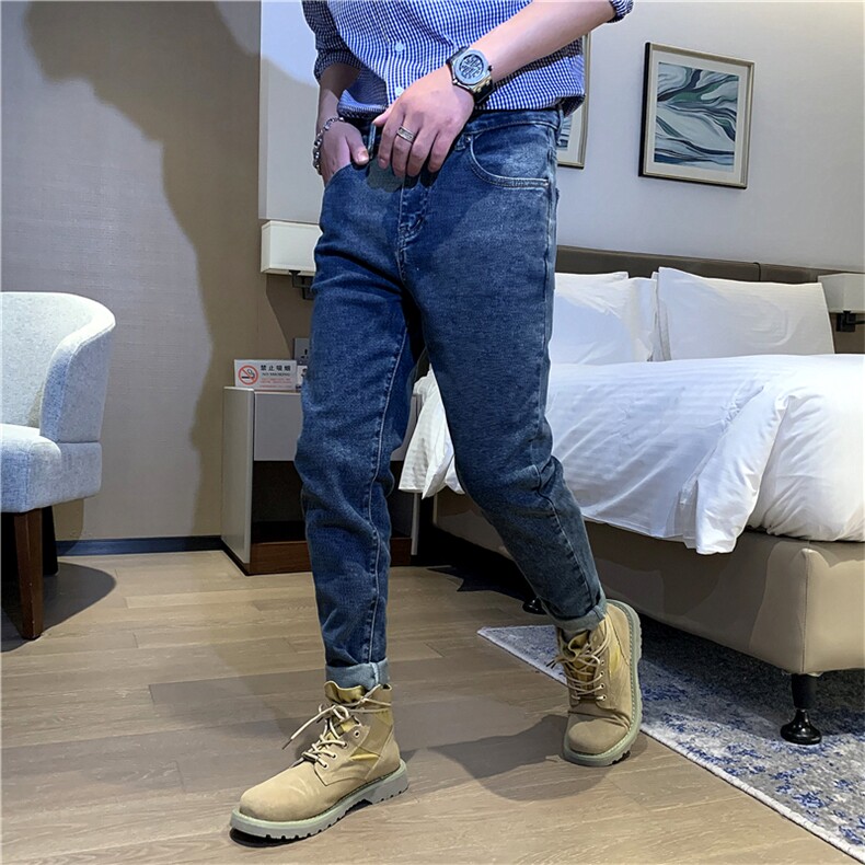 B230-6032p85复古做旧水洗深蓝色微垮修身小脚弹力牛仔裤男新品,男装牛仔裤,电商B230