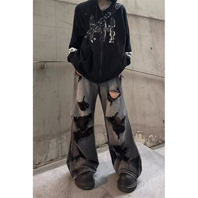 美式高街乞丐破洞牛仔裤男女夏季hiphop黑灰色裤子直筒宽松阔腿裤,男装牛仔裤,星座601-1