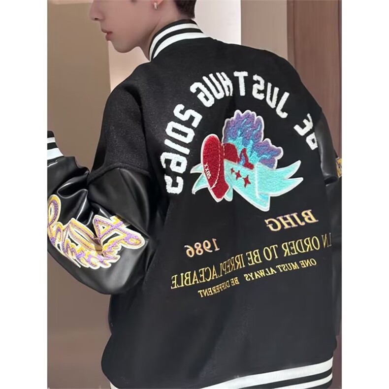 PU皮拼接cleanfit夹克男夏季潮牌美式复古宽松廓形情侣棒球服外套,男装夹克,星座617A-2