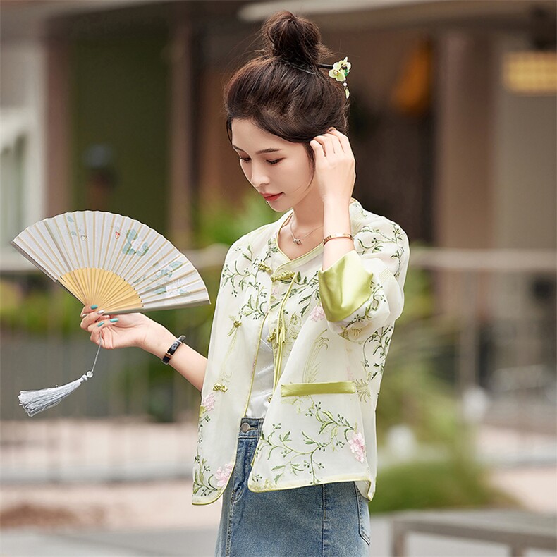 新中式短外套女2025夏季复古刺绣欧根纱薄款防晒衣外搭上衣,女装防晒衣,难舍钰依