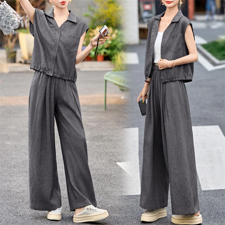 蓝色高级感韩系套装女小个子2025夏季新款V领衬衫+宽松百搭阔腿裤，女装套装/套裙，跑量工厂店