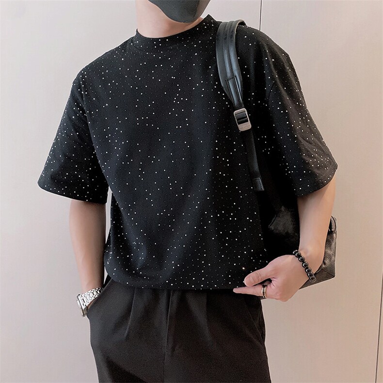 8960/P68控98 夏季社会小伙爆闪满天星烫砖工艺短袖T恤男黑首2图片
