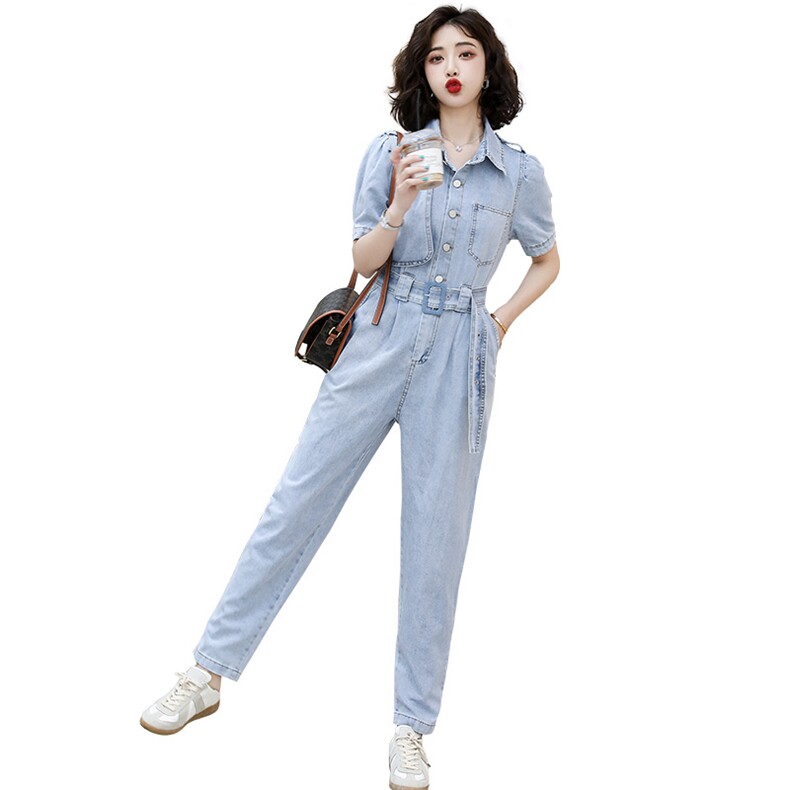 2021夏装新款时尚个性气质翻领修身显瘦牛仔连体裤,女装连体裤,奋斗女王