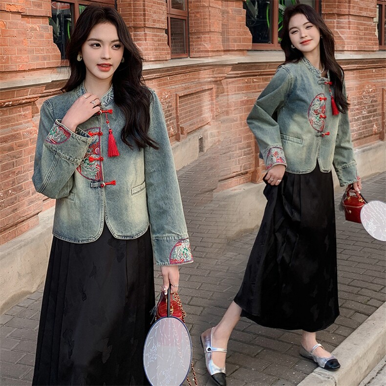 时尚新中式短款牛仔外套女2024春季新款时尚休闲夹克上衣，女装牛仔外套，千千佰惠