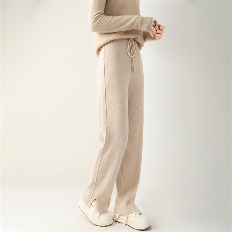 24秋冬新款100%纯羊绒阔腿裤女开叉侧坑条宽松休闲垂感针织拖地裤，女装休闲裤，鹏源羊绒