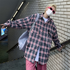 港风秋款男衬衫条纹格子十字架拼接可拆卸袖子衬衣外套CS105P45，男装衬衫，星座1013-1